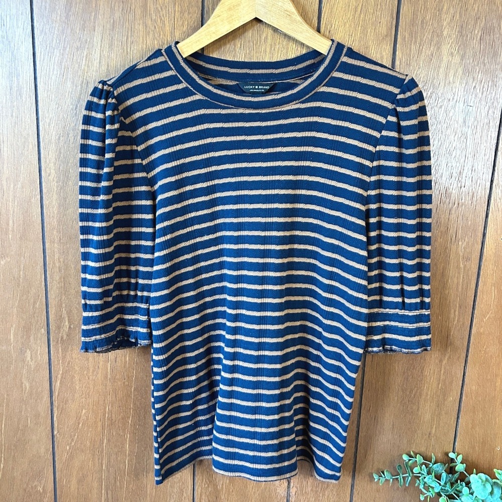 Lucky Brand Navy Tan Stripe Puff Sleeve Ribbed Crew Neck T Shirt Top‎ M